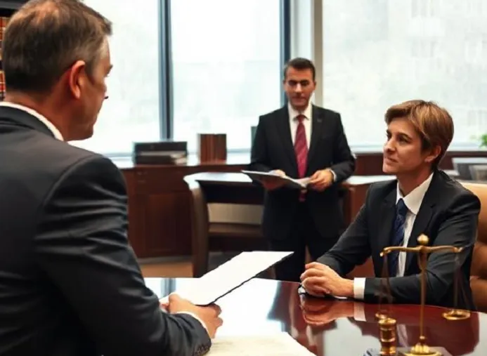 وظایف یک وکیل متخصص در جرم نشر اکاذیب ـ صلح آفرین| وکیلی در دادگاهی با موکل خود درباره جرم نشر اکاذیب