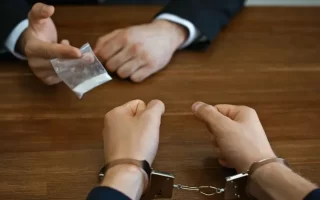 بهترین وکیل مواد مخدر| مجرم مواد مخدر با دستبند در دست و وکیلی که مواد را در دست دارد