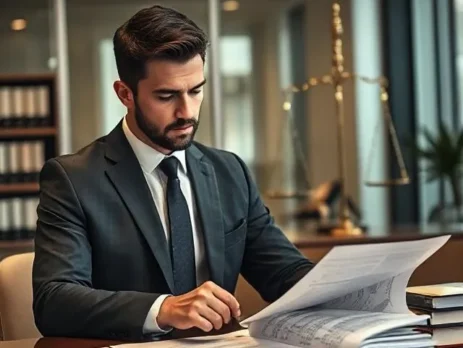وکیل جرائم مالی ـ صلح آفرین| وکیلی در دفتر کاری خود پشت میز